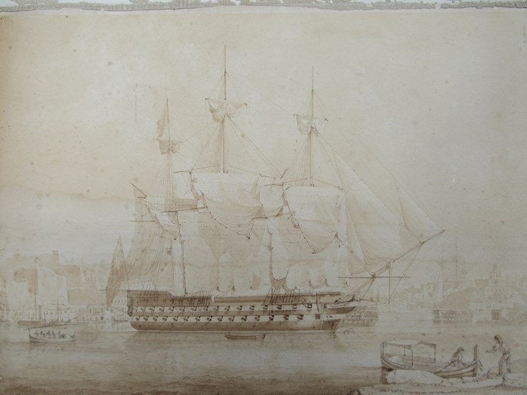 W C NOWELL (XIX): A monotone watercolour on paper stuck to card of a three mast ship. - Bild 2 aus 3