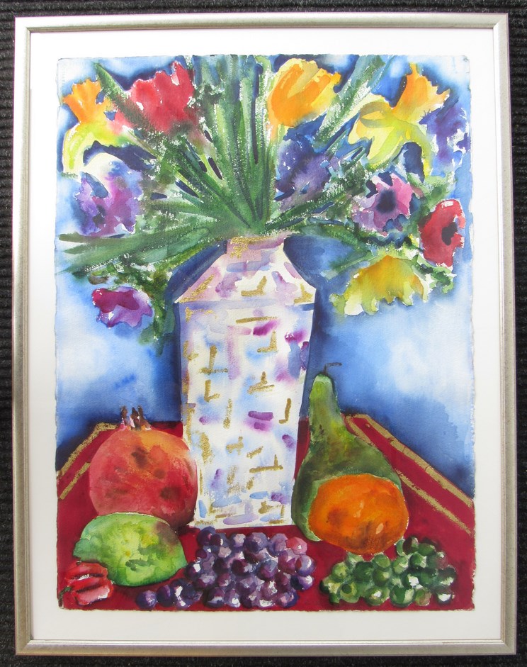 A modern watercolour still life depicting fruit and flowers, framed and glazed,