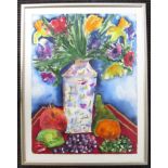 A modern watercolour still life depicting fruit and flowers, framed and glazed,
