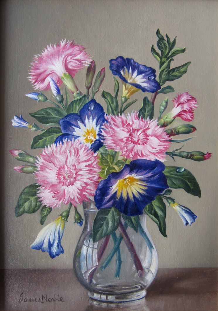 JAMES NOBLE (1919-1989) An ornately framed oil on board floral still life entitled 'Convolvulus &