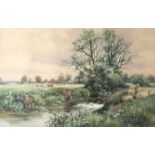 JOHN MACPHERSON HAYE (XIX/XX) A gilt framed watercolour, sheep grazing by riverside,