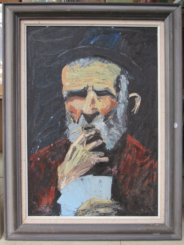 A Late 20thC oil on board of a bearded gentleman playing cards. - Bild 3 aus 3