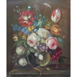 An ornate gilt framed oil on canvas still life of flowers in a glass bowl,