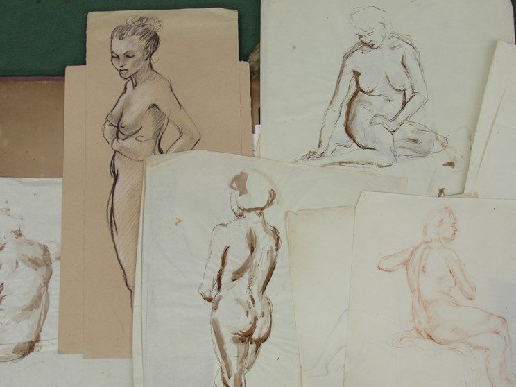 A 19th Century folio of pencil and pen and ink drawings of female and male nude studies. - Bild 2 aus 2