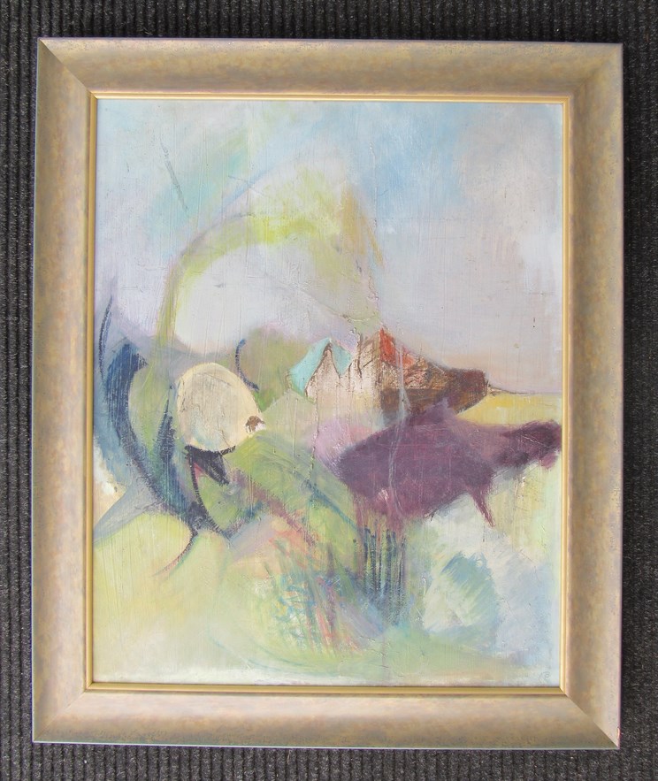 PAMELA CLATWORTHY (1918-2005): A framed acrylic on board "Large Landscape (Cratfield) signed and - Bild 3 aus 5