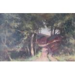 KENNETH DENTON R.S.M.A.(b.1932) : A gilt framed oil on board of a woodland path.