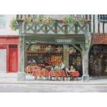 A framed and glazed unsigned oil pastel on paper, 20th Century French Creperie street scene,