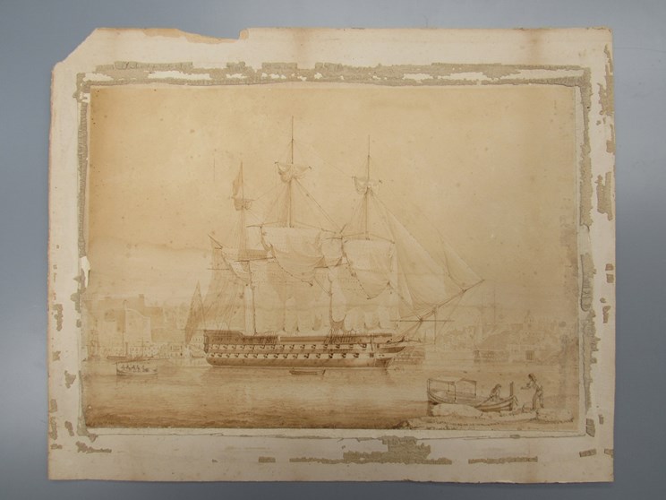 W C NOWELL (XIX): A monotone watercolour on paper stuck to card of a three mast ship.