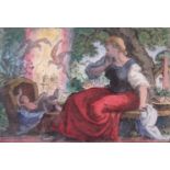 A 19thC framed and glazed watercolour depicting mother with child in crib,