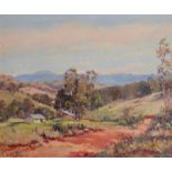 JAMES WILMOT (XX Australian) : A framed oil on board depicting a rural scene buildings to the