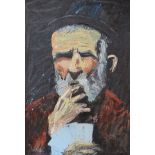 A Late 20thC oil on board of a bearded gentleman playing cards.