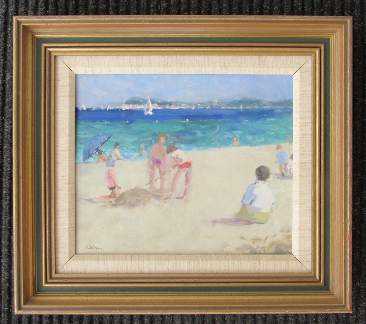 GEOFFREY WILSON (b.1920): A gilt framed oil on board, "Beach near St Tropz", signed bottom left. - Image 2 of 2