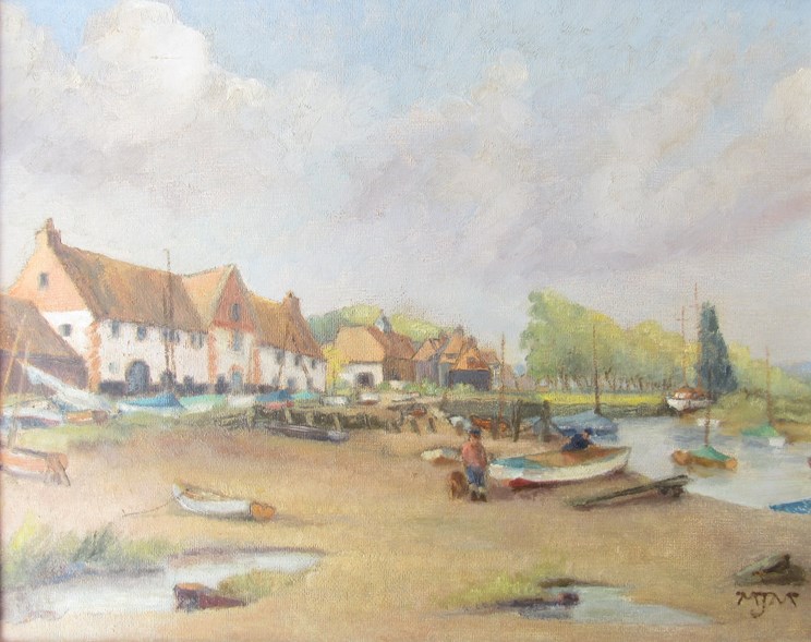 A mid 20th Century oil on board depicting shored river boats and figures at Burnham Overy Staithe.