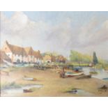 A mid 20th Century oil on board depicting shored river boats and figures at Burnham Overy Staithe.