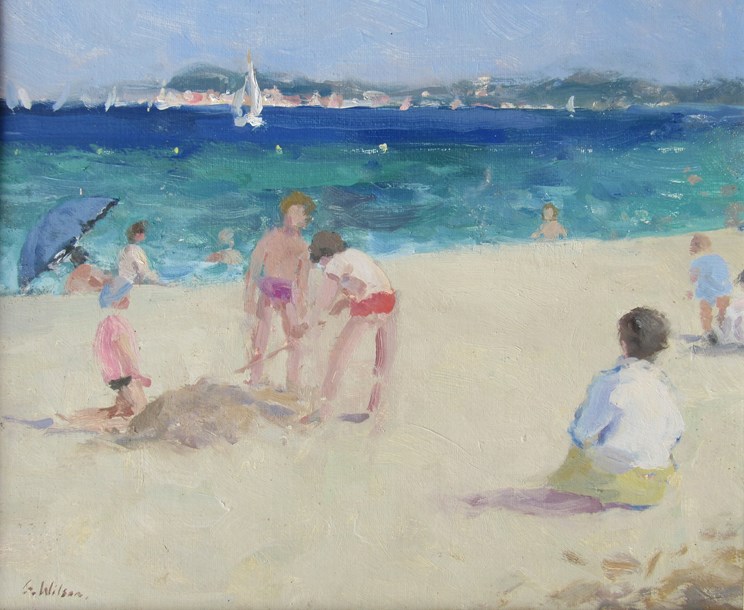 GEOFFREY WILSON (b.1920): A gilt framed oil on board, "Beach near St Tropz", signed bottom left.