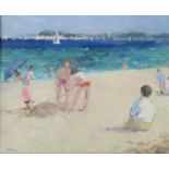 GEOFFREY WILSON (b.1920): A gilt framed oil on board, "Beach near St Tropz", signed bottom left.