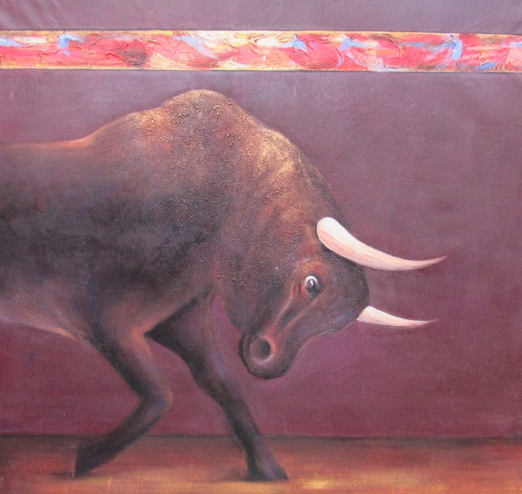 A contemporary large oil on canvas of a Spanish bull. Unsigned work. Approximately 152.