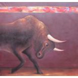 A contemporary large oil on canvas of a Spanish bull. Unsigned work. Approximately 152.