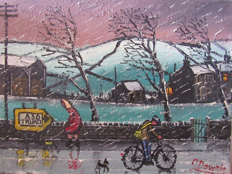 JAMES DOWNIE (b.1949) An oil on canvas, rainy street scene with cyclist. Signed bottom right.