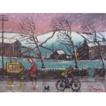 JAMES DOWNIE (b.1949) An oil on canvas, rainy street scene with cyclist. Signed bottom right.