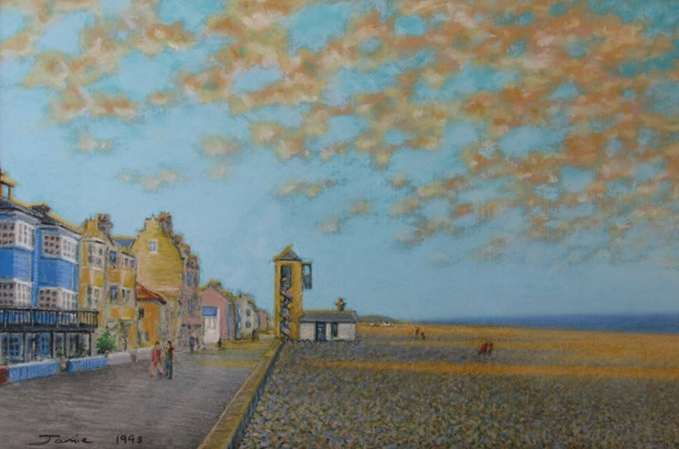 JAMIE ANDREWS (b.1962): A framed and glazed pastel on paper, 'Aldeburgh Beach'.