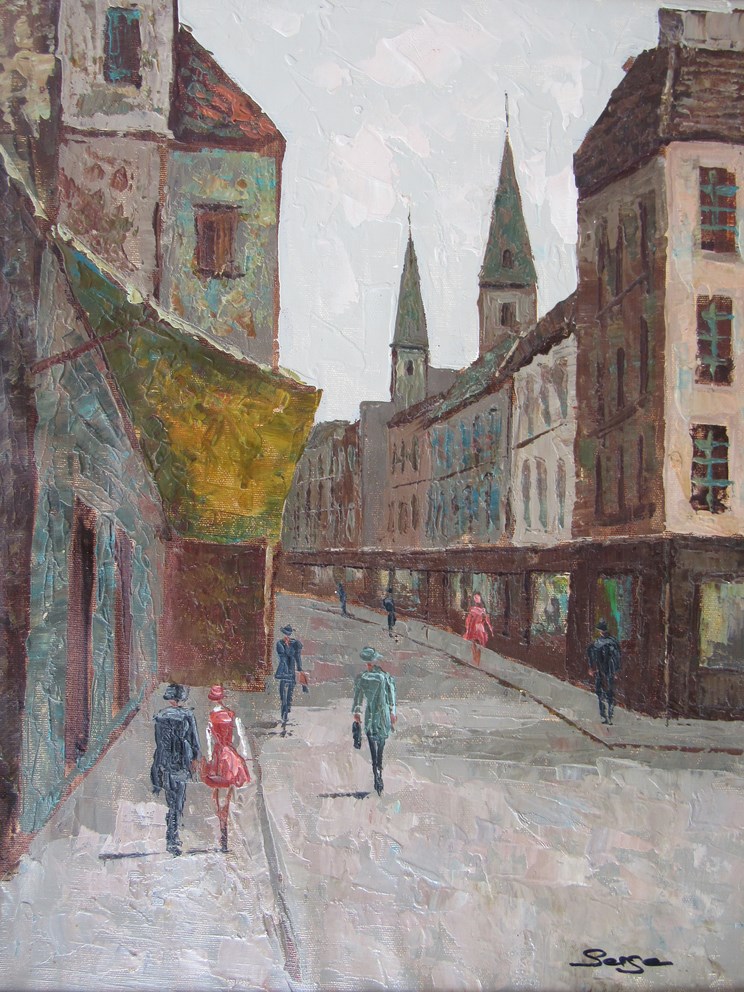 A 20th Century oil on board depicting a street scene in an impressionist style, signed lower right,