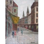 A 20th Century oil on board depicting a street scene in an impressionist style, signed lower right,