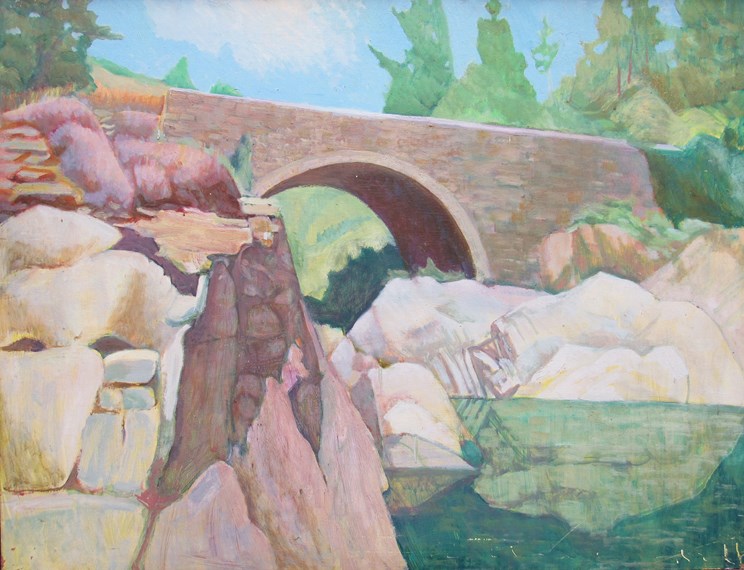 ROSLAIE DE MERIC: a large framed oil on board depicting bridge over rocky river.