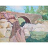 ROSLAIE DE MERIC: a large framed oil on board depicting bridge over rocky river.