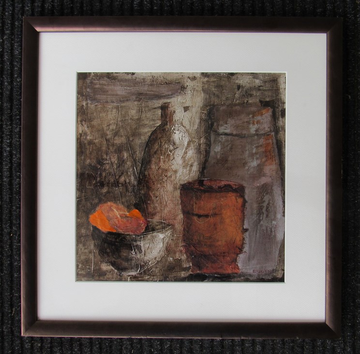 ESCOLIER (FRENCH XX/XXI): A framed and glazed mixed media still life study of vases and bowl,