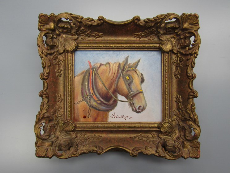 STEPHEN WALKER (1900-2004) An ornate framed oil on card of a working horse. Signed bottom middle.