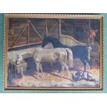 A late 19th / early 20thC naive style oil on canvas depicting two horses in stable with chickens.