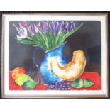 A framed and glazed watercolour still life colourful fruit, flowers and jug.