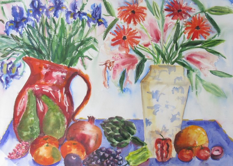 A framed and glazed watercolour still life study, colourful fruit, flowers, jug and vase.