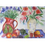 A framed and glazed watercolour still life study, colourful fruit, flowers, jug and vase.