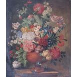 An 18th century Dutch oil on canvas still life study of flowers in avase on plinth. Signed.