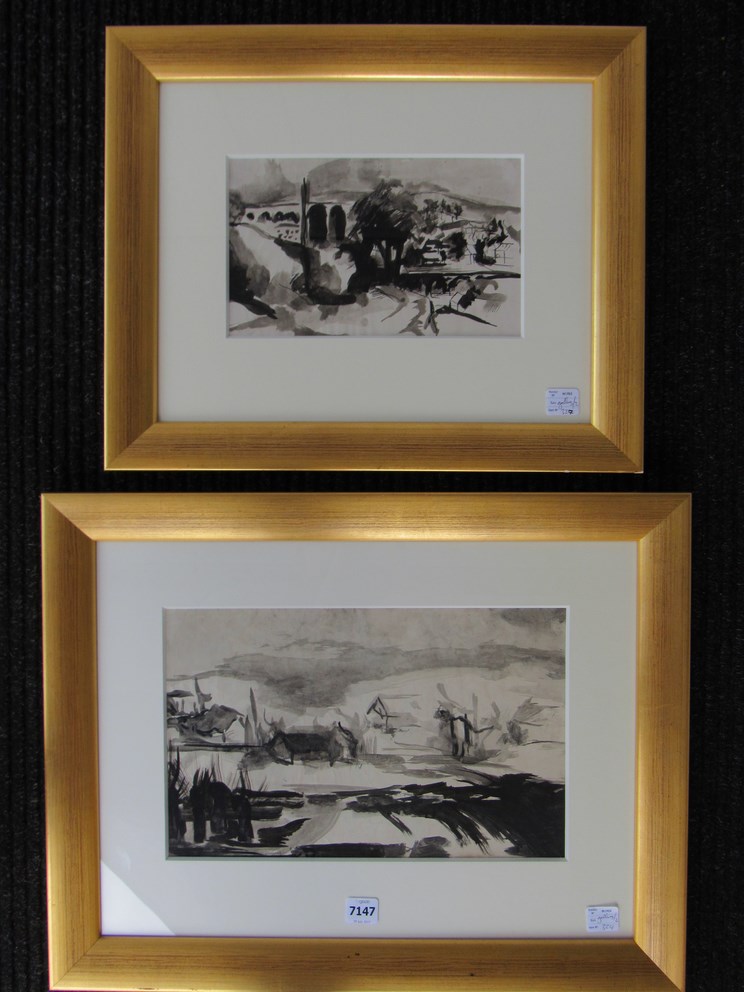 Two gilt framed monotone ink wash landscapes, both unsigned works.