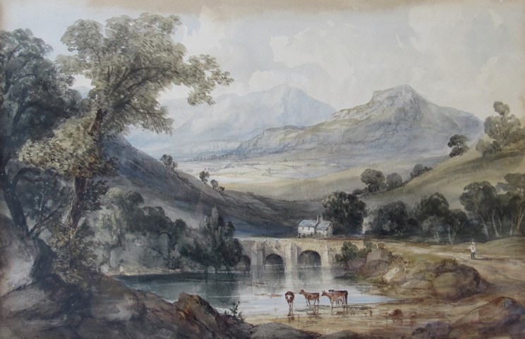 After David Cox: Lakeland scene with cattle, watercolour, framed and glazed.