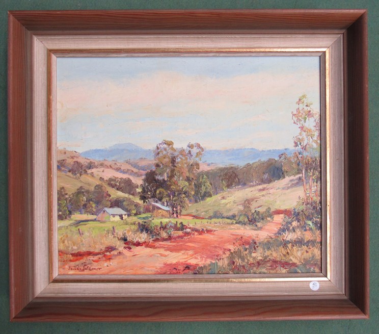 JAMES WILMOT (XX Australian) : A framed oil on board depicting a rural scene buildings to the - Image 3 of 4