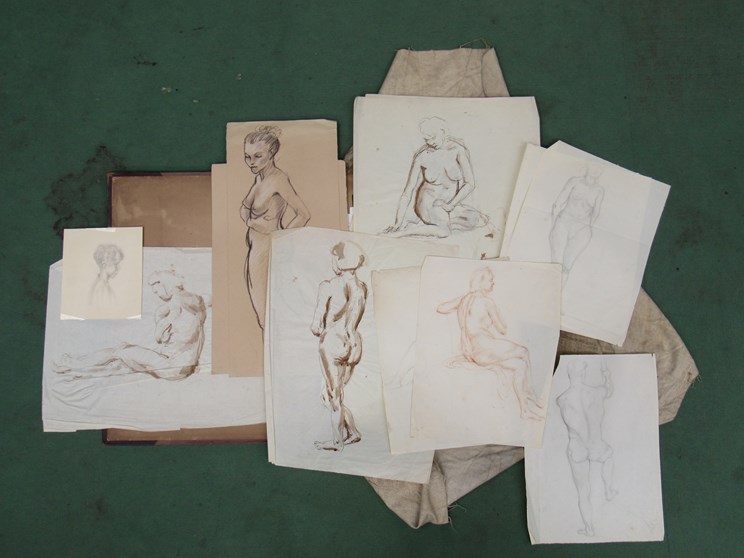 A 19th Century folio of pencil and pen and ink drawings of female and male nude studies.