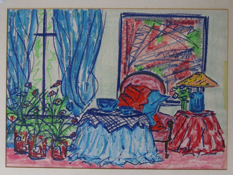 A framed and glazed Vibrant pastel of an interior scene, unsigned 41cm x 57.