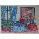 A framed and glazed Vibrant pastel of an interior scene, unsigned 41cm x 57.