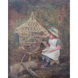 A.AUSTEN (XIX) An ornate framed oil on canvas, child with bird in cage.