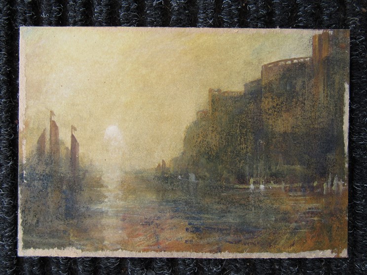 An unframed small oil on card in the manner of JMW Turner, 12cm x 17.