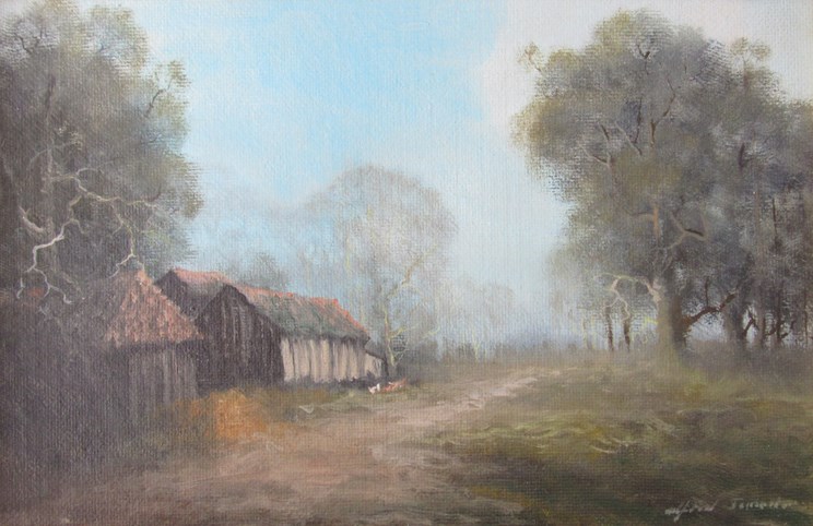ALFRED SAUNDERS (XX): An ornate gilt framed oil on artists board, "The Farm Path",