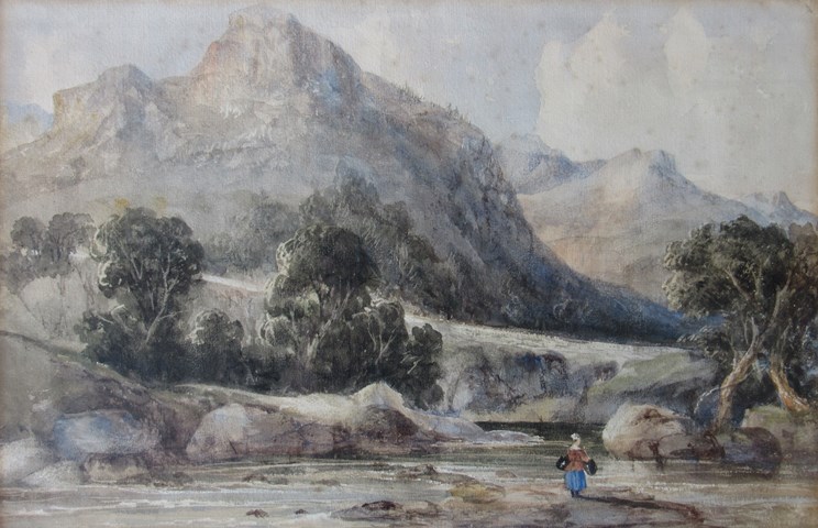 After David Cox: Woman washing by river, watercolour, framed and glazed.