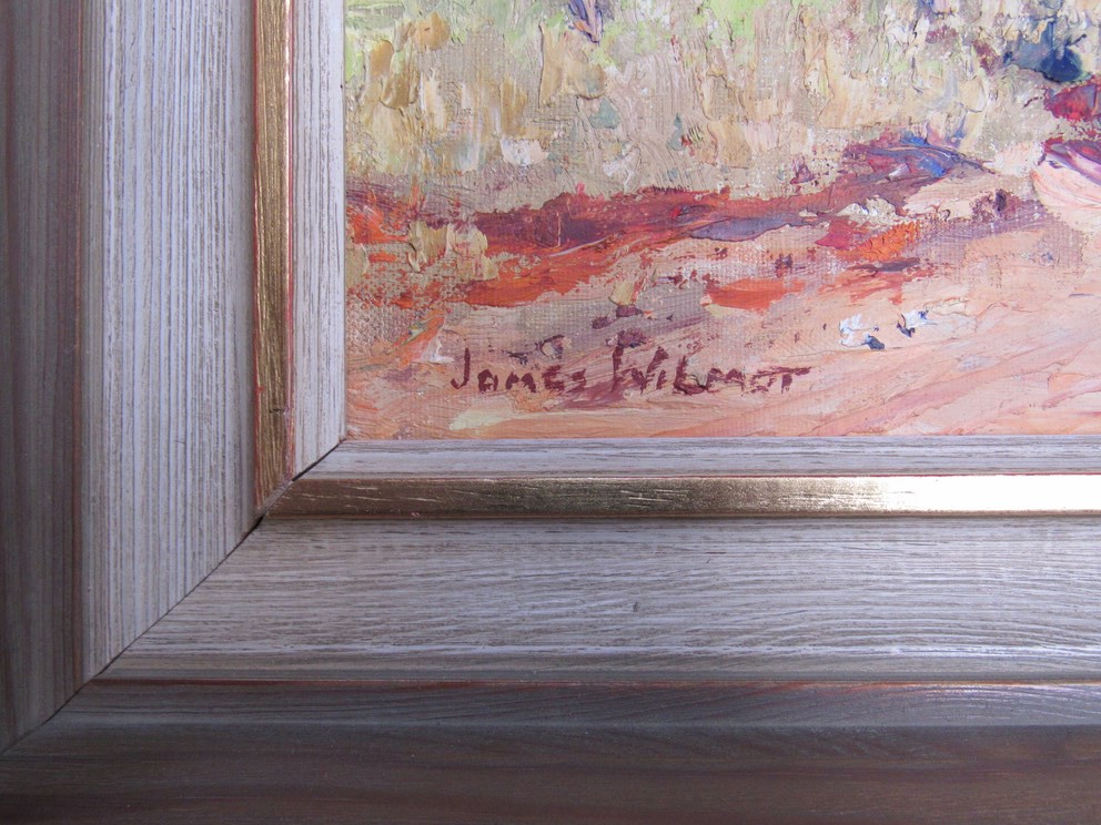 JAMES WILMOT (XX Australian) : A framed oil on board depicting a rural scene buildings to the - Image 2 of 4