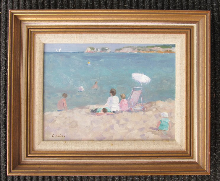 GEOFFREY WILSON (b.1920): A gilt framed oil on board, figure on beach, signed bottom left. - Image 3 of 3