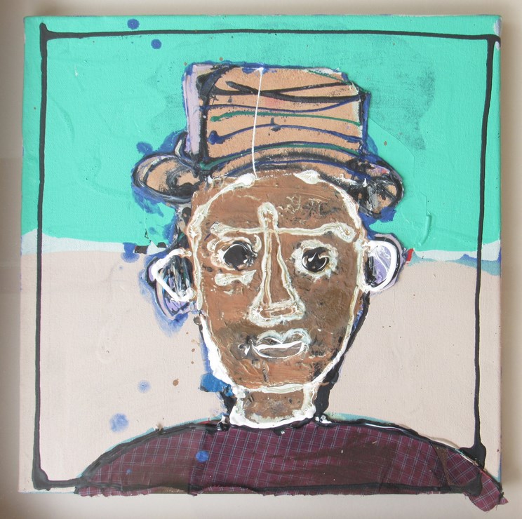 JOHN KIKI (b.1943): A framed and glazed oil cut out on canvas portrait of a man in hat, unsigned.