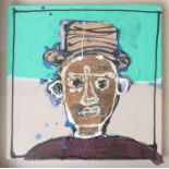 JOHN KIKI (b.1943): A framed and glazed oil cut out on canvas portrait of a man in hat, unsigned.